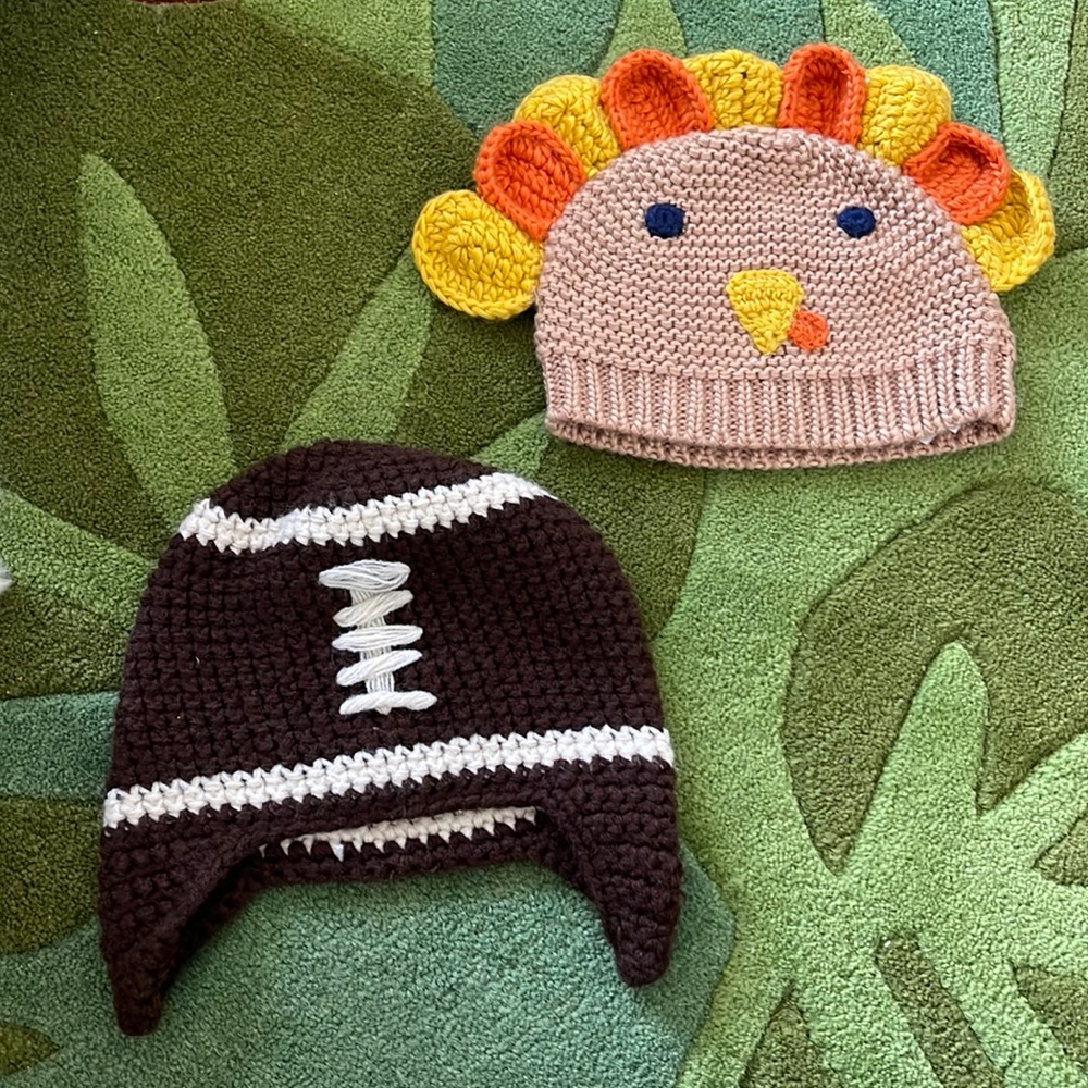 Two knit infant football & turkey beanies